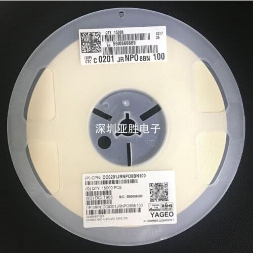 CC0201JRNPO8BN100 0201 10pF(100) ±5% 25V COG NPO SMD MLCC CC0201JRNPO9BN200 0201 20pF(200) ±5% 50V COG NPO Chip capacitors