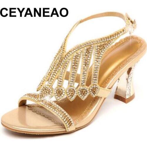 CEYANEAOSummer sexy rhinestone sandals women high heelshoes genuine leather shoes fashion sandals rough with Roman women sandals