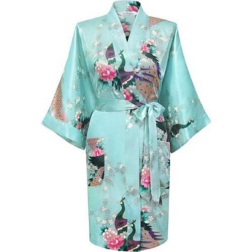 Baby blue Fashion Womens Peacock Kimono Bath Robe Nightgown Gown Yukata Bathrobe Sleepwear Pocket With Belt S M L XL XXL XXXL