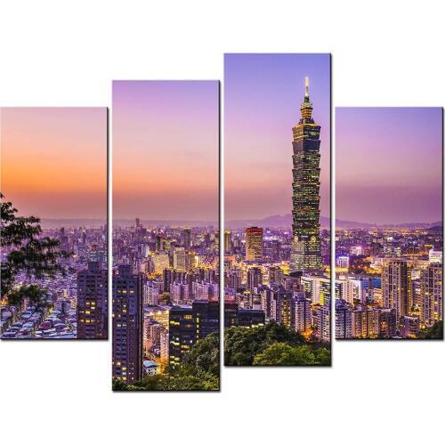 City Landscape Paintings Wall Art Taipei 101 Building Taiwan in the Dusk 4 Panel Picture Print For Home Decor Drop shipping
