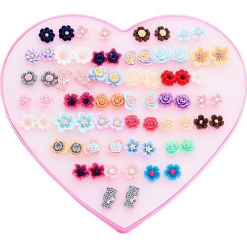 ISINYEE 36 Pairs/set Cute Small Resin Flower Stud Earring Sets For Girls Kids Candy Earrings Christmas Jewelry With Heart Box