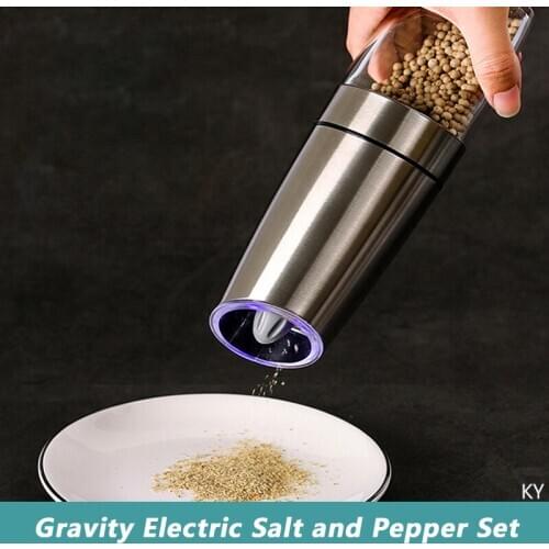 Gravity Control Battery Powered Salt and Pepper Grinder, One Handed Automatic Electric Pepper Mill with Adjustable Coarseness
