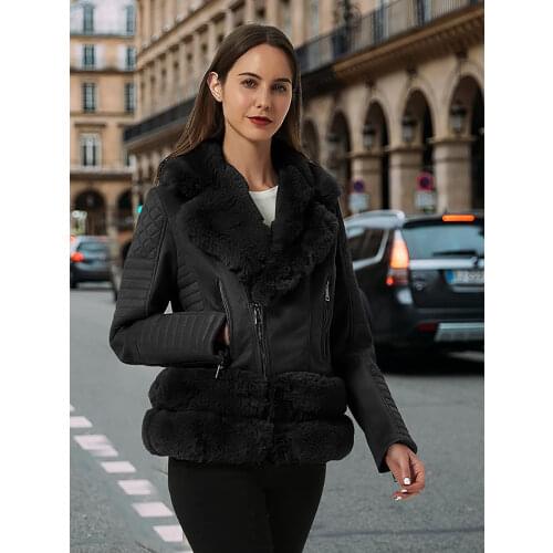 Giolshon 2021 New Winter Women Jacket Thick Warm Faux Suede Coat With Belt Faux Fur Collar PU Leather Jackets Outwear