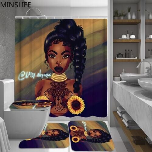 African Sexy Girl with Sunflower Bathroom Shower Curtains Set Afro Women Non-slip Bath Mats Rug Toilet Cover Rug Sets Home Decor