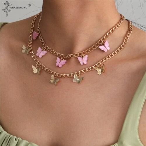 Charm Crystal Butterfly Pendant Necklace Luxury Rhinestone Shiny Horsewhip Chain Double Necklace Necklace Fashion Female Jewelry