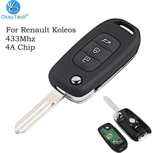 OkeyTech Remote Flip Folding Auto Car Key for Renault Koleos New Arrival 3 Button 433Mhz 4A Transponder Chip Uncut Blade Blade