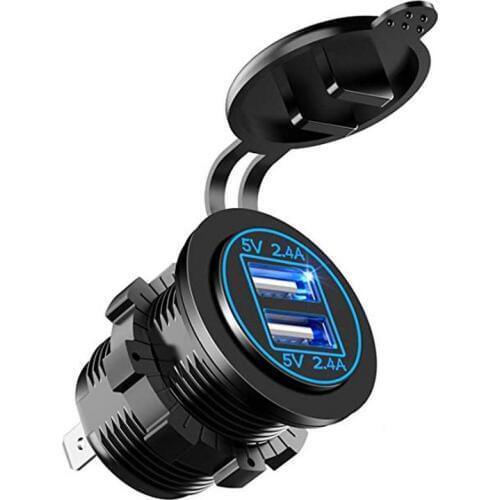 Dual USB Charger Socket Power Outlet 4.8A with Wire in-line 10A Fuse for 12V/24V Car Boat Marine Motorcycle Truck Camper