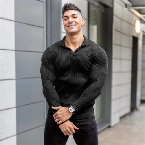 Spring Autumn Fashion Strips Long Sleeve Knitted Polo Shirt Men Fitness Clothing Slim Fit Polo T-shirt Male Plain Gym Tees Tops