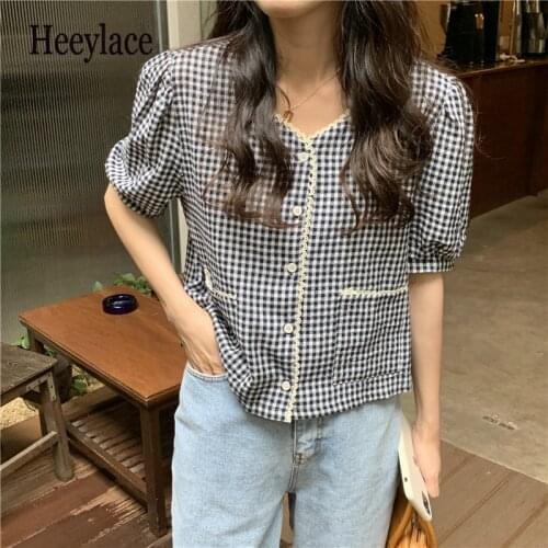Shirts Plaids Women French Vintage Summer 2021 New V-neck Short Puff Sleeve Design Niche Grid Female Blouses Tops