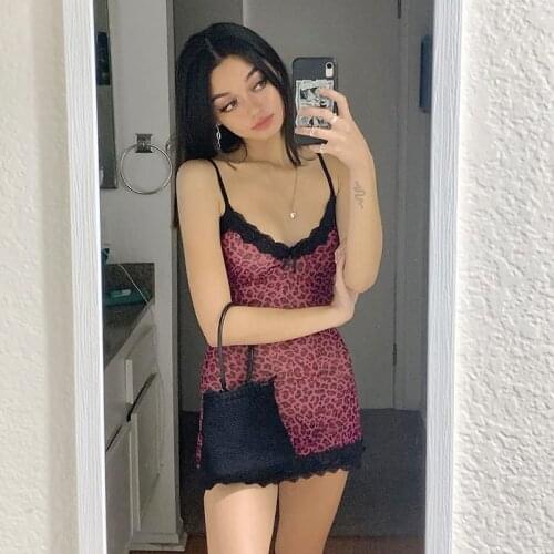 Sexy Skinny Lace Mini Y2K Dress Women Summer Fashion Leopard V-neck 90s Dress V-neck Club party Bandage Dress Cute & psycho