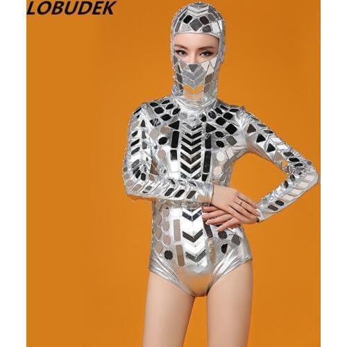 Silver Mirrors Elastic Bodysuit Sexy Bar Nightclub Concert Stage Female DJ Singer Lens Costume Dance Team Space Dance Costume