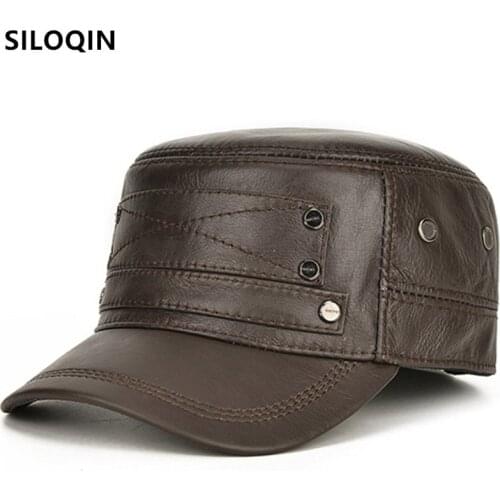 SILOQIN Adjustable Size Middle-aged Men Winter Warm Hat Genuine Leather Cap Military Hats Natural Cowhide Caps Mens Flat Cap