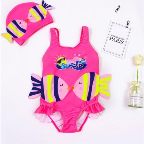 Sweet Swimsuit Suit for Little Girls Summer Breathable Children Cute Cartoon Fish Print Lace Sleeveless Swimsuit + Swimming Cap