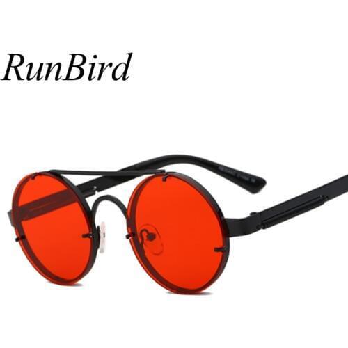 RunBird Retro SteamPunk Sunglasses Men Brand Designer Red Round Sun Glasses For Women Vintage Metal Sunglass UV400 Shades 1156R