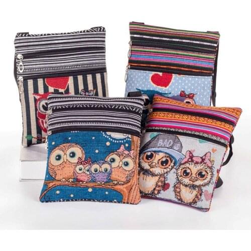Double Zipper Messenger Bag Owl Printed Mini Shoulder Bag Fashion Lady Travel Bag Cute Animal Womens Bag Cartoon Crossbody Bag