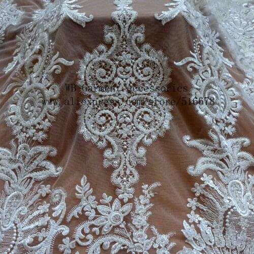 Super heavy workmanship off white sequins beaded on mesh embroidery wedding dress/evening dress lace fabric 120cm by yard