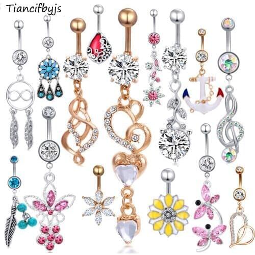 TIANCIFBYJS Wholesale Mix Styles 14ps/lot Navel ring Body jewelry Piercing Dangle Belly button Bar Belly Ring Woman Piercing Kit