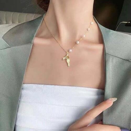 Korean Style Fashion Pearl Chain Mermaid Tail Pendant Women Necklaces Female No Fade Stainless Steel Clavicle Necklace Jewelry