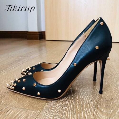 Tikicup Women Black Matte Pointed Toe High Heel Shoes with Metal Studs Sexy Spikes Ladies Slip On Party Dress Stiletto Pumps