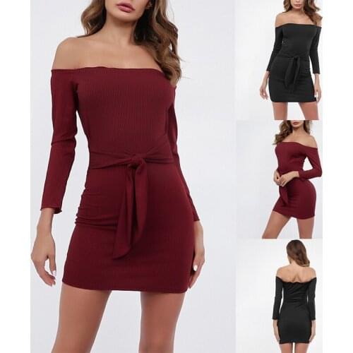 WomenS Fashion Solid Color One-Shoulder Wooden Ear Tube Top Bowknot Bandage Hip Dress