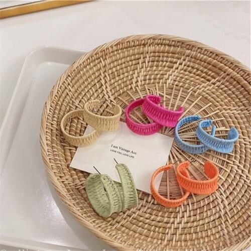 AOMU Summer INS Fashion Colorful Handmade Rattan Earrings C-shaped Rattan Hoop Earrings for Women Trip Beach Jewelry Gifts