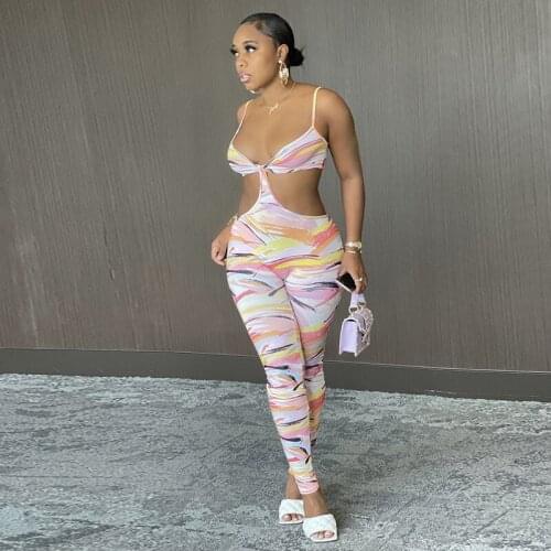 Female Jumpsuit Woman Summer Suit Slim Hollow Sleeveless Printing Tight-Fitting Monos Mujer Elegante Skinny Combi And Bodysuits