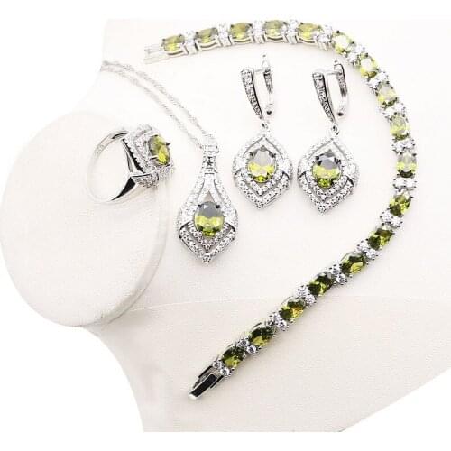 Olive Zircon Necklace Earrings Ring Pendant Bracelets Sets Silver 925 Bridal Jewelery Sets For Women