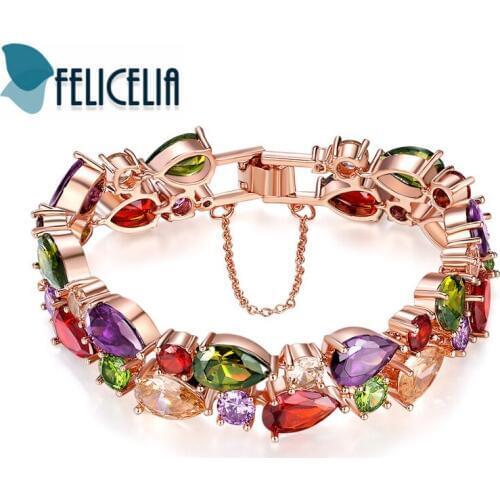 Felicelia Trendy Women Double Rows Colorful Cz Crystal Cubic Zirconia Tennis Bracelet Rose Gold Color Bracelet Banquet Jewelry