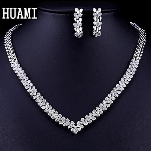 HUAMI Silver Color Chain Necklace Bridal Jewelry Sets Stud Earrings Women Wedding Party Cubic Zirconia Exquisite Gift for Friend