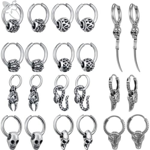 ZS 2PCS 316L Stainless Steel Earrings Punk Rock Hoop Earring Snake Skeleton Wolf Head Round Helix Piercings Vintage Jewelry