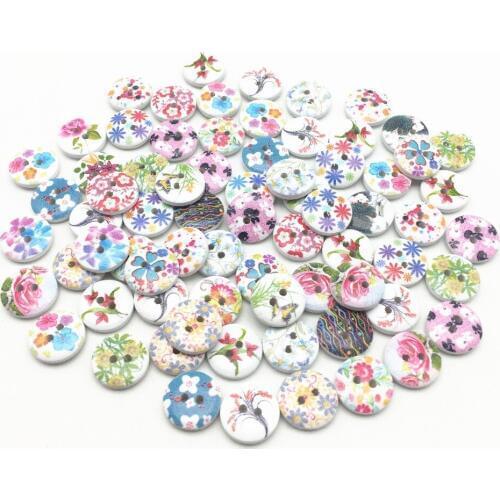 100pcs 15mm Wooden Buttons Butterfly Flowers Patterns Sewing Round Button for Scrapbooking cardmaking embellishments
