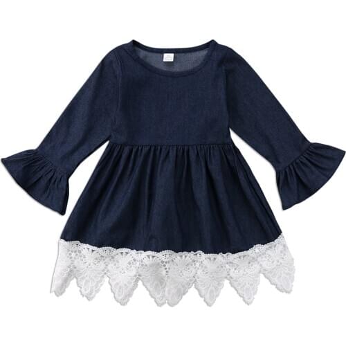 2018 Cute Solid Newborn Kid Baby Girl Denim Lace Long Sleeve Dresses Clothes Formal Princess Costume Size 2-7T