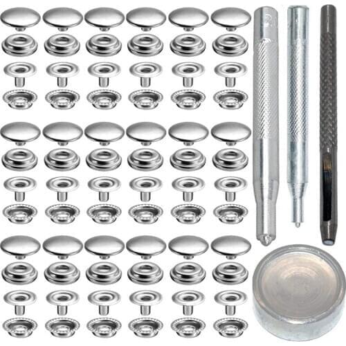 72Pcs 15MM Stainless Steel Fastener Snap Press Stud Button for Marine Boat Canvas with Punching Set Tool Kit Silver