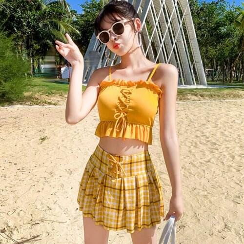 High Waist Bikini Cute Swimsuit Women Swimwear 2021 Ruffle Bandage Bathing Suit Women Two Piece Plaid Print Skirt Beach Wear