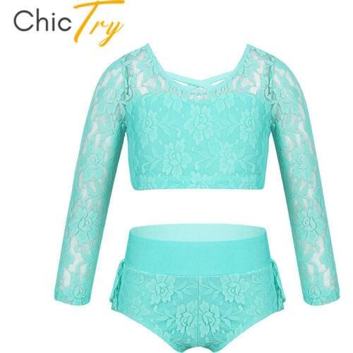 ChicTry Kids Girls Gymnastics Ballet Dance Costume Crop Tops with ruffled Briefs Set Children Floral Lace Performance Dancewear