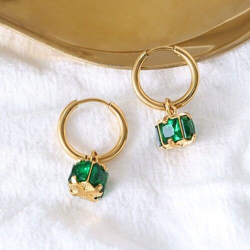 Elegant Cute Green Square Zircon Hoop Earring for Women Korean Fashion Statement Teen Girl Trendy Jewelry Accessories Kolczyki