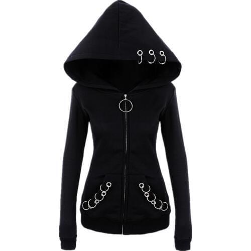 XUANCOOL Women Hoodies Long Gothic Punk Iron Rings Black Loose Hood Jacket Zipper Coat Casual Sweatshirt Tracksuit