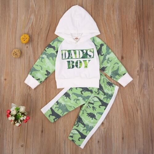 2 pcs Autumn Fall Baby Suit Set Kids Long Sleeve Dinosaur Print Hooded Top Trousers Casual Warm Baby Boys Clothing Outfits