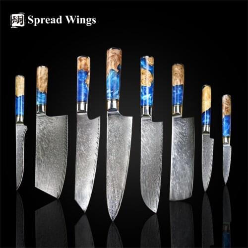 SW Kitchen Knives-Set 67 Layers Japanese Damascus Steel VG10 Santoku Cleaver Chef Knife Color Wood Handle and Blue Resin 1-8pcs