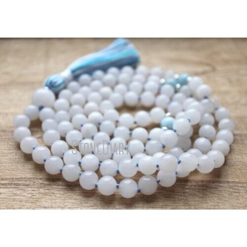 MN36770 White Jade 108 Aquamarine Mala Beads Knotted Mala Tassel Necklace Yoga Jewelry Meditation Beads Spiritual Jewelry Boho