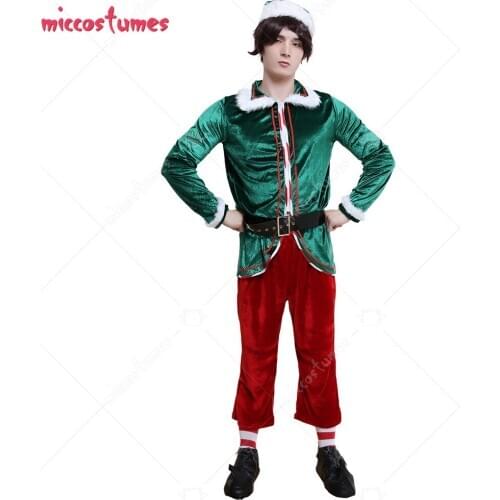 Men Mr Elf Green and Red Polyester Performance Outfit Cosplay Costume for Christmas with Belt and Shoe Covers