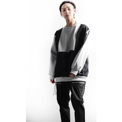 2021 spring new round collar mens autumn Pullover contrast stitching trend casual side pocket top