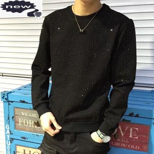Autumn New Mens Diamonds Studded Tees Tops Long Sleeve Fashion Rivets T-shirts Casual High Street Man Pullover Top T-shirt 4XL
