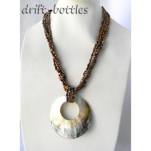 4Strands 21'' Coffee Baroque Freshwater Pearl Crystal Shell Pendant Necklace