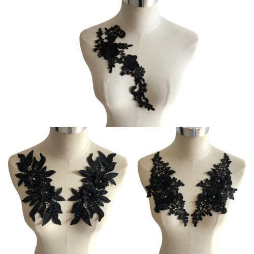 A pair of Black Flowers Polyester Hollow Collar 3D Rhinestone ABS pearl Dress Gorgeous DIY Lace Craft Embroidery Application