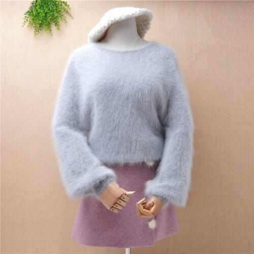 Female women hairy fuzzy grey mink cashmere knitted long lantern sleeves slim pullover angora rabbit fur winter jumper sweater