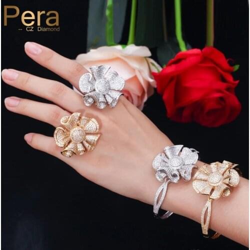 Pera Luxury Yellow Gold Color Full Shinning Cubic Zirconia Big Flower Shape Bangle and Ring Women Engagement Party Jewelry Z031