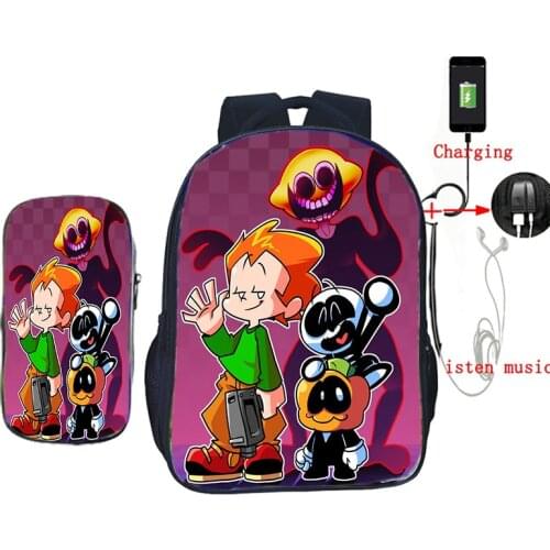 Friday Night Funkin Usb Charging Backpack Pencil Bag 2Pcs/Set Anime Backpacks 16 Inch Teenager School Bag for Boys Girls Mochila