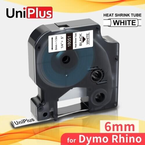 UniPlus 18051 Heat Shrink Tube Compatible Dymo Rhino Label Tapes 6mm Black on White Cable Tapes 4200 5200 6000 6500 Label Maker