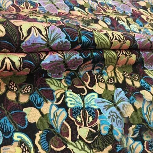 HLQON Polyester cotton color gold butterfly gold thread brocade jacquard fabric for dress women cloths tissue patchwork